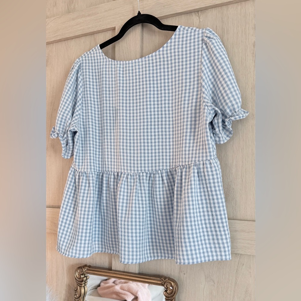 Chic Blue Checkered Ruffle Sleeve Blouse - Picture 3 of 4